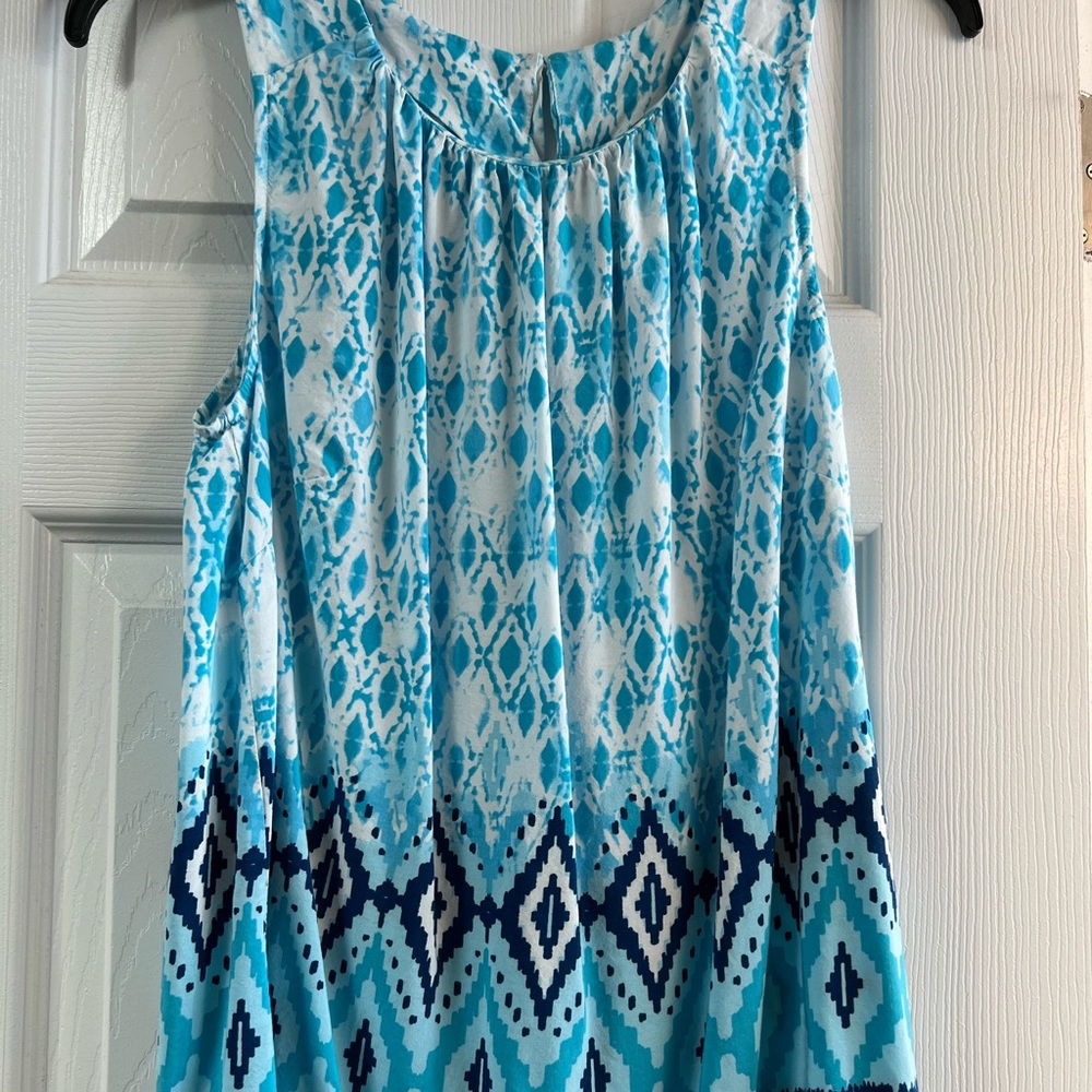 Pretty Rafaela Blue Print Sleeveless Linen Top with white decorative puff balls